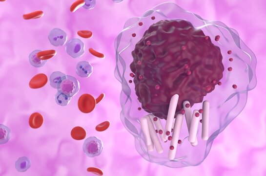 Chronic lymphocytic leukemia (CLL) cell in blood flow - super closeup view 3d illustration
