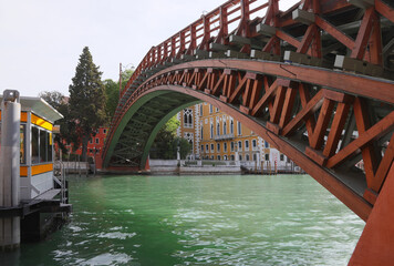 Bottom view of the accademy bridge also called PONTE ACCADEMIA in Italian language made with Wood in the Island of Venice in Italy
