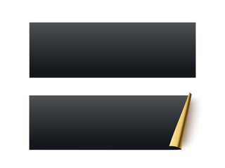 Black glued rectangle stickers with gold curling edge. 3d blank paper label vector illustration. Badge with twisted edge on white background