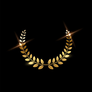 Gold shiny circle laurel wreath vector illustration. Golden shining round badge prize for winner, award trophy nominee luxury symbol, nomination reward emblem on black background