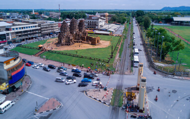Aerial view of "Phra Prang Sam Yot" historic sites is the architectural landmark in the middle of Lopburi city near the railway station amazing Thailand.