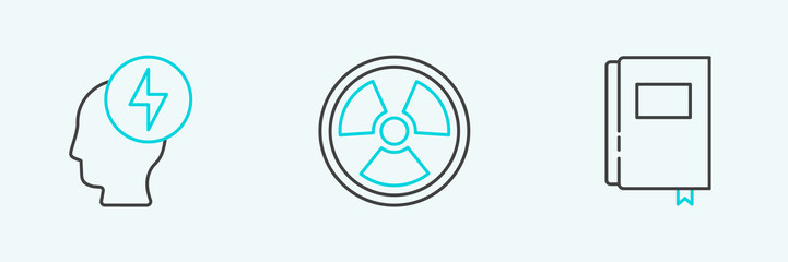 Set line Book, Head and electric symbol and Radioactive icon. Vector