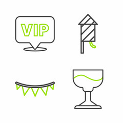 Set line Cocktail, Carnival garland with flags, Firework rocket and Location Vip icon. Vector