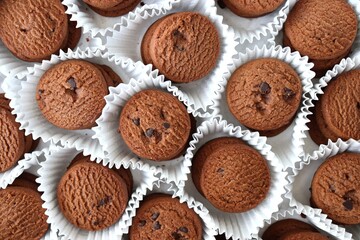 An overhead or flat lay view of Danish butter cookies in the traditional tin box. It's a Denmark delicacy consisting of butter, flour, and sugar. Danish chocolate chip biscuits. Copy space.