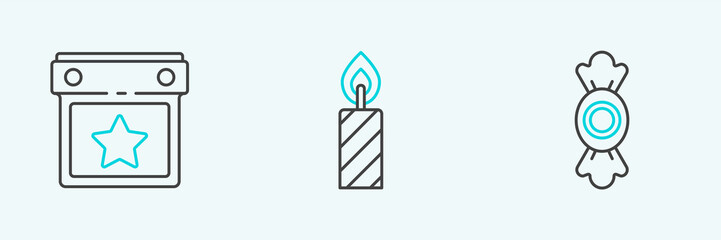 Set line Candy, Calendar party and Birthday cake candles icon. Vector