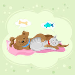 Best friends Dog and Cat sleep together on a bed and dream about their favorite treats