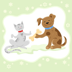 Obraz na płótnie Canvas Best friends the Dog and the Cat are talking about their favorite food and the Dog will offer the Cat a bone