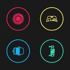 Set line Electric engine, Shock absorber, Car windscreen and wheel icon. Vector