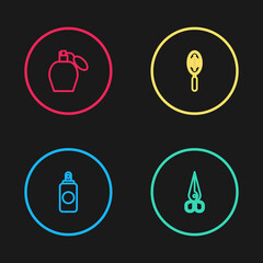 Set line Spray can, Scissors, Hairbrush and Perfume icon. Vector