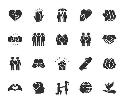 Vector set of friendship and love flat icons. Contains icons friend, relationship, buddy, understanding, trust, help, dove of peace, care and more. Pixel perfect.