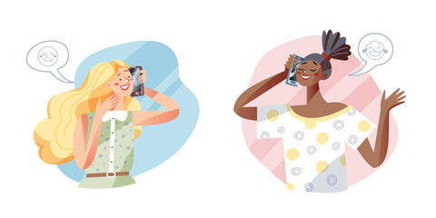 Cute girls talk smartphones set, young female characters holding mobile devices to chat