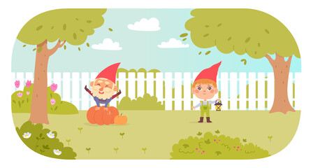Garden gnomes characters playing fun game in yard, boy holding lantern, old man jumping