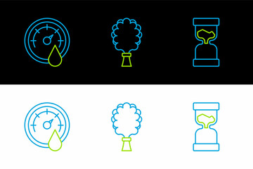 Set line Old hourglass, Sauna thermometer and broom icon. Vector