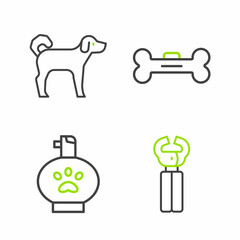 Set line Pet nail clippers, shampoo, Dog bone and icon. Vector