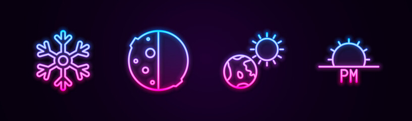 Set line Snowflake, Eclipse of the sun, Earth globe and and Sunset. Glowing neon icon. Vector