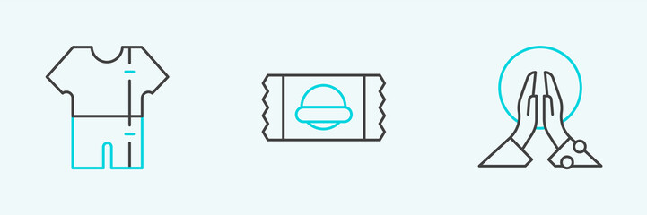 Set line Meditation, Sport track suit and Sports nutrition icon. Vector