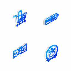 Set Isometric line Wallet, Shopping cart and food, Crumpled paper money cash and Consumer or customer product rating icon. Vector