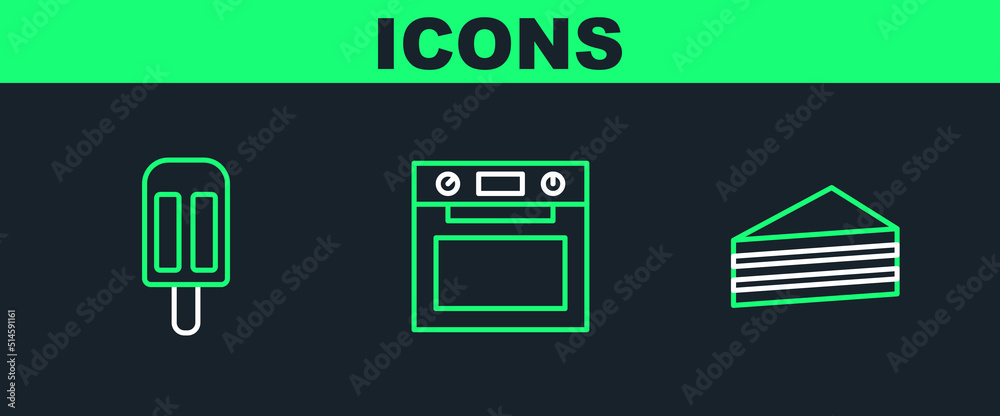 Poster Set line Cake, Ice cream and Oven icon. Vector