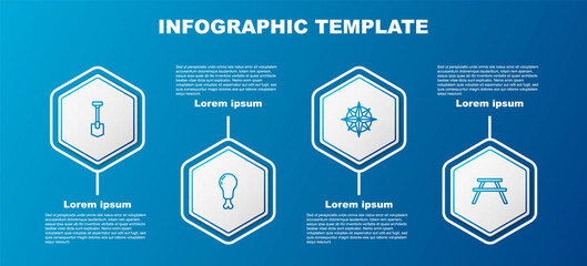 Set line Shovel, Chicken leg, Wind rose and Picnic table with benches. Business infographic template. Vector
