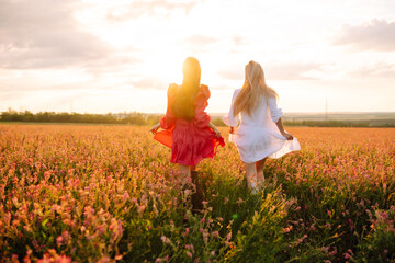 Two  Beautiful  woman in a field. Nature, fashion, vacation and lifestyle.