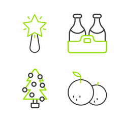 Set line Tangerine, Christmas tree, Champagne bottle and star icon. Vector