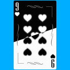 Playing card Nine of Hearts 9, black and white modern design. Standard size poker, poker, casino. 3D render, 3D illustration.