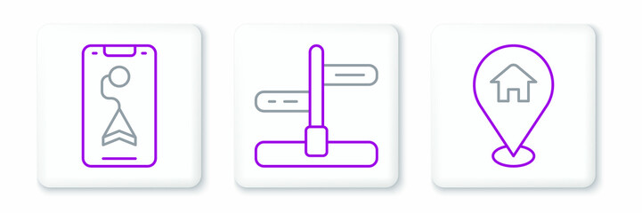 Set line Location with house, City map navigation and Road traffic sign icon. Vector