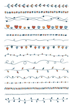 Vector set colored hand drawn vintage borders. Doodle lines collection for your design. Cute trendy decorative and botanical element. Curves decorated with leaves, circles, swirls, hearts