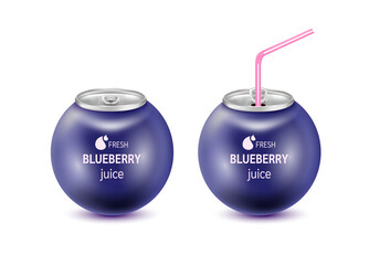 Fresh blueberry juice soft drink with lid aluminum can and drinking straw. Isolated on a white background. Healthy fruit drink concept. Realistic 3D vector EPS10 illustration.