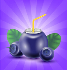 Fresh blueberry juice soft drink with lid aluminum can and drinking straw. Isolated on a purple background. Healthy fruit drink concept. Realistic 3D vector EPS10 illustration.