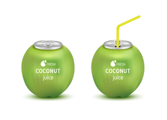 Fresh coconut juice soft drink with lid aluminum can and drinking straw. Isolated on a white background. Healthy fruit drink concept. Realistic 3D vector EPS10 illustration.