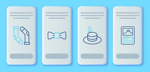 Set line Bow tie, Man hat, Socks and Card game icon. Vector