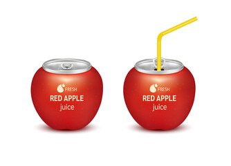 Fresh red apple juice soft drink with lid aluminum can and drinking straw. Isolated on a white background. Healthy fruit drink concept. Realistic 3D vector EPS10 illustration.