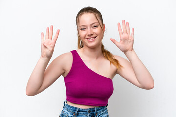 Obraz premium Young caucasian girl isolated on white background counting nine with fingers