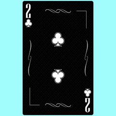 Playing card Two suit of clubs 2, black and white modern design. Standard size poker, poker, casino. 3D render, 3D illustration.