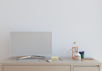 modern living room with monitor. interior design furniture....table and plants with white wall. copy space. 3D rendering