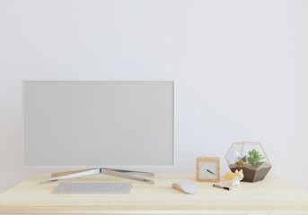 modern living room with monitor. interior design furniture....table and plants with white wall. copy space. 3D rendering