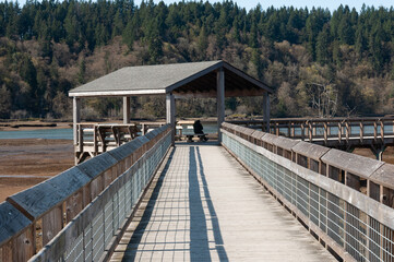 A viewpoint at a boardwalk in the Billy Frank Jr. Nisqually National Wildlife Refuge, WA, USA