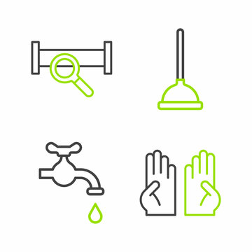 Set line Rubber gloves, Water tap, plunger and Industry metallic pipe icon. Vector