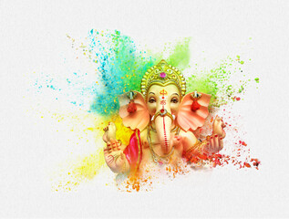 Lord Ganesha, is one of the best-known and most worshiped god in the Hindu religion lord Ganesha of Indian festival tradition Explosion of colored powder on white background - obrazy, fototapety, plakaty