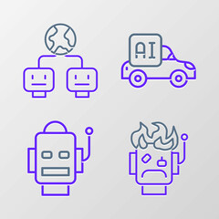 Set line Robot burned out, Autonomous smart car and Artificial intelligence icon. Vector
