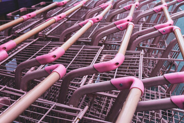 Lots of pink shopping carts in a shopping mall.