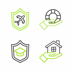 Set line House in hand, Graduation cap with shield, Lifebuoy and Plane icon. Vector