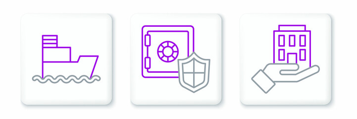 Set line House in hand, Ship and Safe with shield icon. Vector