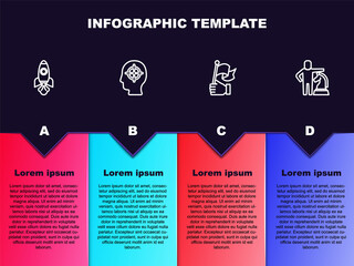 Set line Rocket ship, Head hunting, Hand holding flag and Chess. Business infographic template. Vector