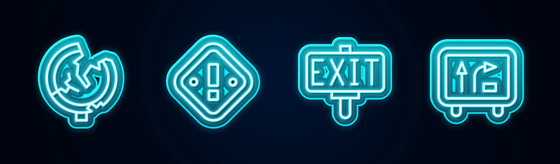 Set line Road traffic sign, Exclamation mark in triangle, Fire exit and . Glowing neon icon. Vector