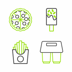 Set line Coffee cup to go, Potatoes french fries in box, Ice cream and Pizza icon. Vector