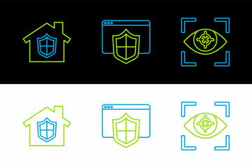 Set line Eye scan, House under protection and Browser with shield icon. Vector