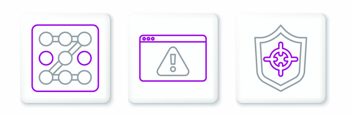Set line Shield, Graphic password protection and Browser with exclamation mark icon. Vector
