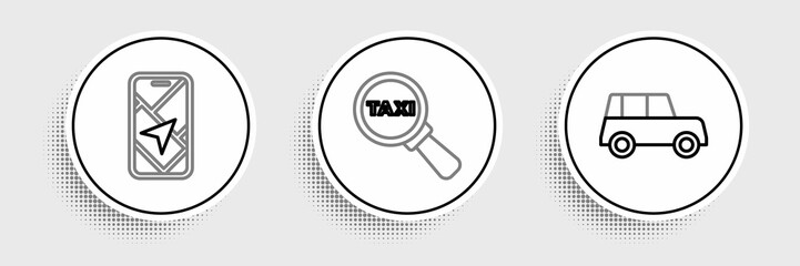 Set line Car, City map navigation and Magnifying glass and taxi car icon. Vector